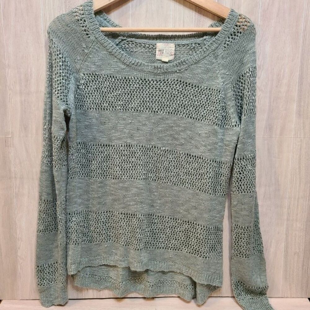 Pink Rose Sweater Womens Junior Large Green Open Knit Pullover Boho Lightweight